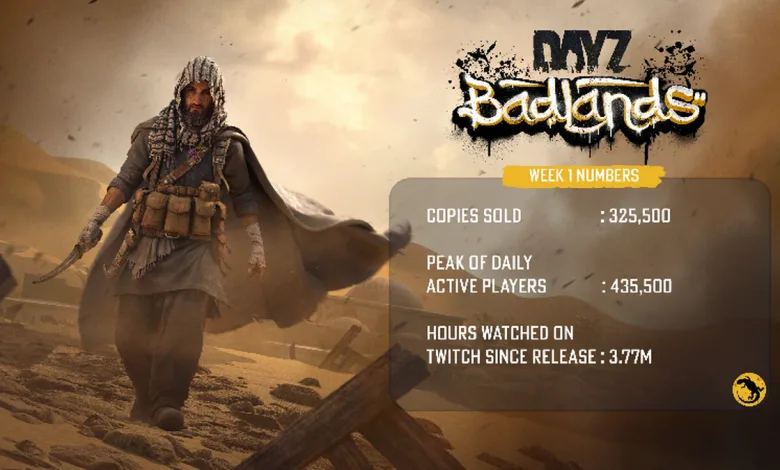 A hooded survivor stands beside a Week 1 panel listing 325,500 copies sold, 435,500 peak daily active players, and 3.77 million Twitch hours watched.