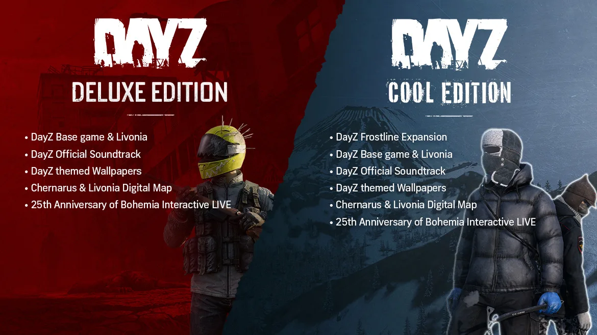 DayZ Deluxe Edition and Cool Edition bundle contents, with Frostline included in Cool Edition