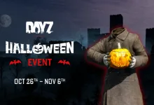 A hooded DayZ survivor holds a glowing pumpkin beside the Halloween event dates, Oct. 26 to Nov. 6.
