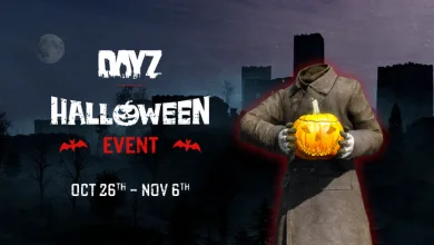 A hooded DayZ survivor holds a glowing pumpkin beside the Halloween event dates, Oct. 26 to Nov. 6.