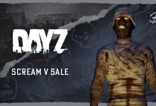 A bandaged mummy stands beside the DayZ logo and Scream V Sale lettering.