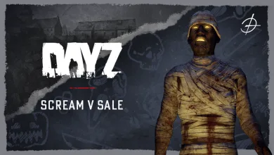A bandaged mummy stands beside the DayZ logo and Scream V Sale lettering.