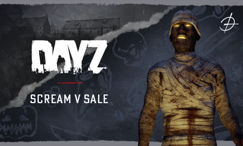 A bandaged mummy stands beside the DayZ logo and Scream V Sale lettering.