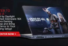 A customized Alienware 16X Aurora laptop displaying Dead by Daylight characters and branding, alongside text inviting viewers to enter the giveaway.
