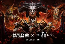 Lilith and other Diablo demons loom over Dead by Daylight characters in crossover collection artwork.