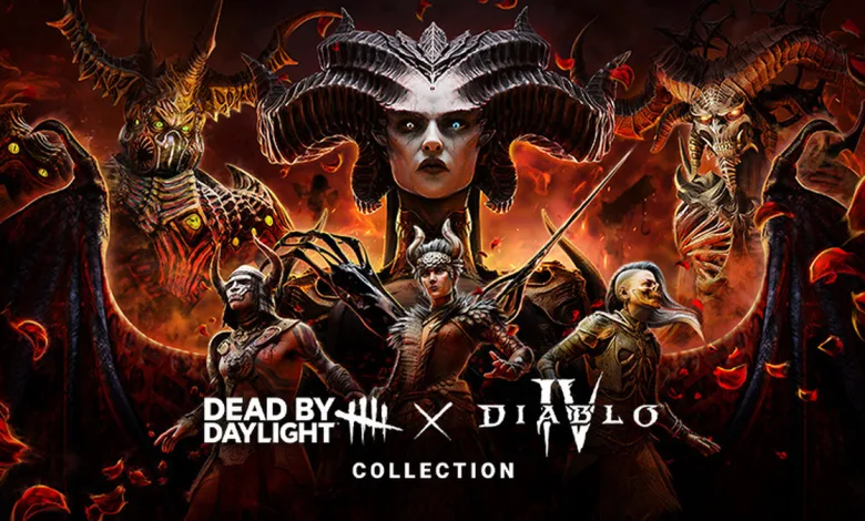 Lilith and other Diablo demons loom over Dead by Daylight characters in crossover collection artwork.