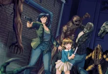 An armed dark-haired woman shields a young girl as monsters surround them.