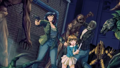 An armed dark-haired woman shields a young girl as monsters surround them.