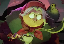 Baba holds a teacup while a pigeon perches beside her in stylized Deadlock character artwork.