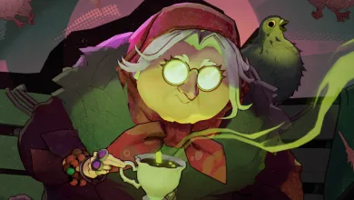 Baba holds a teacup while a pigeon perches beside her in stylized Deadlock character artwork.