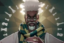 Solomon, a white-haired character with glasses and a green-and-gold scarf, surrounded by floating chess pieces.