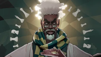 Solomon, a white-haired character with glasses and a green-and-gold scarf, surrounded by floating chess pieces.
