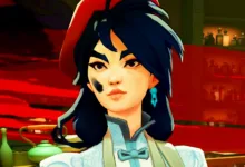 Violet, with dark blue hair and pale clothing, pictured against a red background.