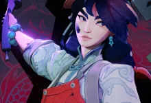 Stylized artwork of Violet, a dark-haired character in pale clothing holding an ink brush against a purple patterned background.