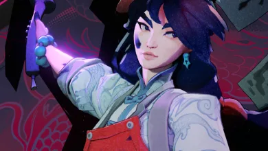 Stylized artwork of Violet, a dark-haired character in pale clothing holding an ink brush against a purple patterned background.