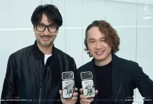 Two men hold phones displaying illustrated cases.