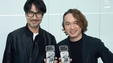 Two men hold phones displaying illustrated cases.