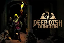 A hooded adventurer raises a torch in a dark crypt surrounded by skeletons.
