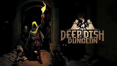 A hooded adventurer raises a torch in a dark crypt surrounded by skeletons.