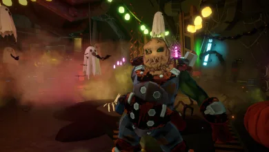 A miner wearing a carved pumpkin mask stands in a Halloween-decorated Space Rig among hanging ghosts and pumpkins.
