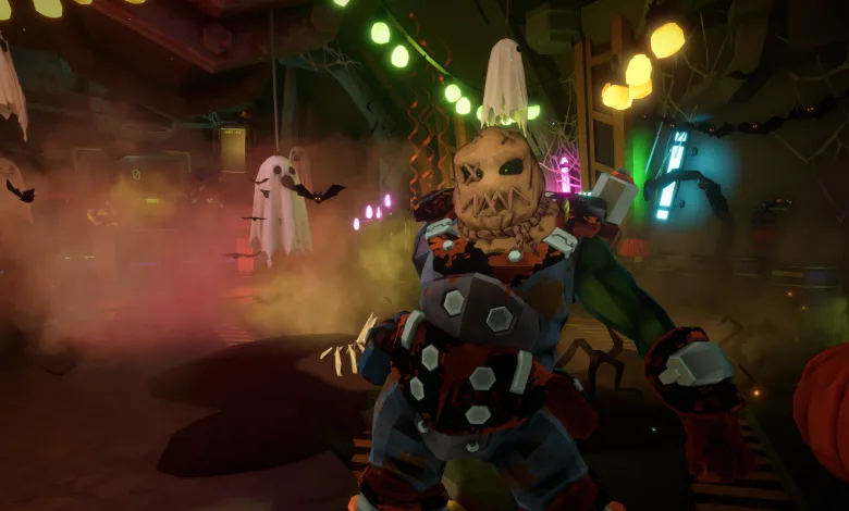 A miner wearing a carved pumpkin mask stands in a Halloween-decorated Space Rig among hanging ghosts and pumpkins.