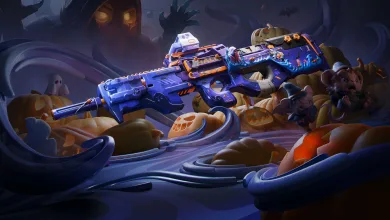 A blue-purple rifle decorated with Halloween motifs is displayed among pumpkins and spooky decorations.