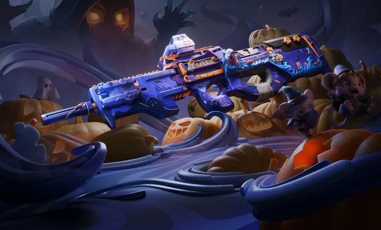 A blue-purple rifle decorated with Halloween motifs is displayed among pumpkins and spooky decorations.