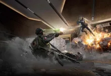 Two armed Delta Force operators exchange fire inside a damaged building as an explosion erupts nearby.