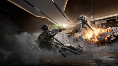 Two armed Delta Force operators exchange fire inside a damaged building as an explosion erupts nearby.