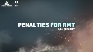 Delta Force and G.T.I. Security logos above a notice about penalties for real-money trading.