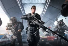 A woman carrying a rifle stands at the center of an armed squad inside a futuristic structure.