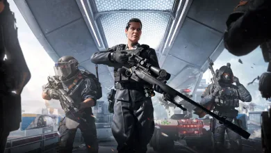 A woman carrying a rifle stands at the center of an armed squad inside a futuristic structure.