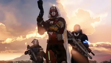 Three armored Destiny Guardians stand beneath a golden sunset, with the central Guardian holding a weapon aloft.
