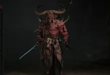 A horned, bovine-themed armored figure stands holding a sword in a dark Diablo IV setting.