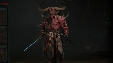 A horned, bovine-themed armored figure stands holding a sword in a dark Diablo IV setting.