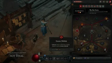 A Diablo IV character stands beside the War Plan Tactics tree, with Greater Helltide selected.