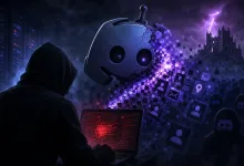 A hooded figure works at a laptop as a Discord-style bot icon breaks apart among user-data symbols.