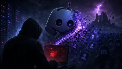 A hooded figure works at a laptop as a Discord-style bot icon breaks apart among user-data symbols.