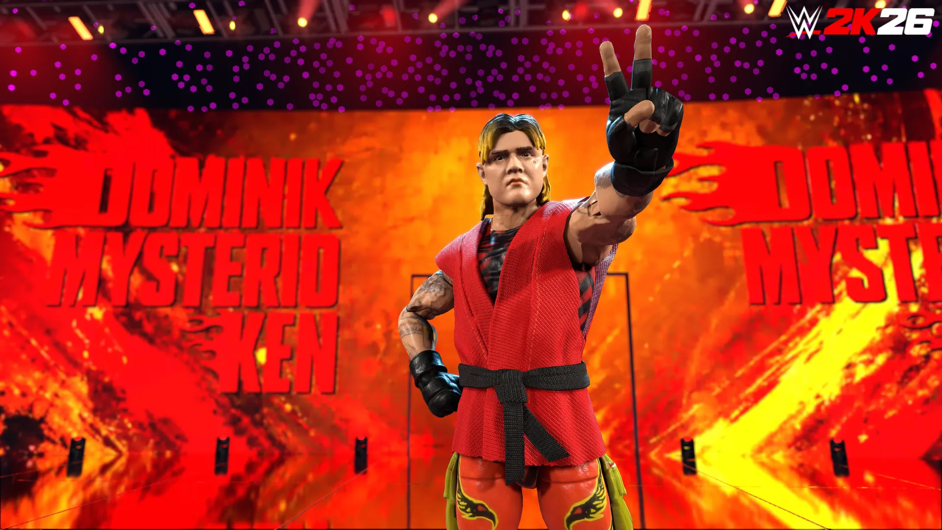 Dominik Mysterio wearing Ken-inspired red gear inside the ring