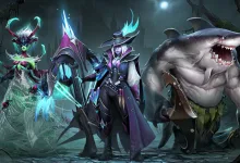 Dota 2 cosmetic characters stand together, including a muscular shark-like Tidehunter.