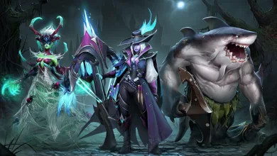 Dota 2 cosmetic characters stand together, including a muscular shark-like Tidehunter.