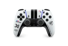 White DualSense controller with black racing stripes, a carbon-fiber-style center panel and Gran Turismo 30th-anniversary graphics.