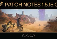 A Dune: Awakening patch notes card for version 1.5.15.0 above a desert scene with a vehicle and characters.
