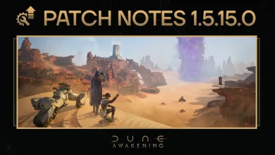 A Dune: Awakening patch notes card for version 1.5.15.0 above a desert scene with a vehicle and characters.