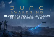 Figures and a drone stand in a blue frozen landscape in Dune: Awakening Blood and Ice expansion artwork.