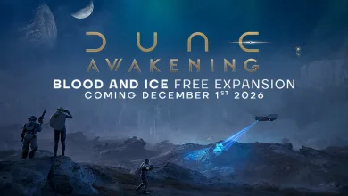 Figures and a drone stand in a blue frozen landscape in Dune: Awakening Blood and Ice expansion artwork.