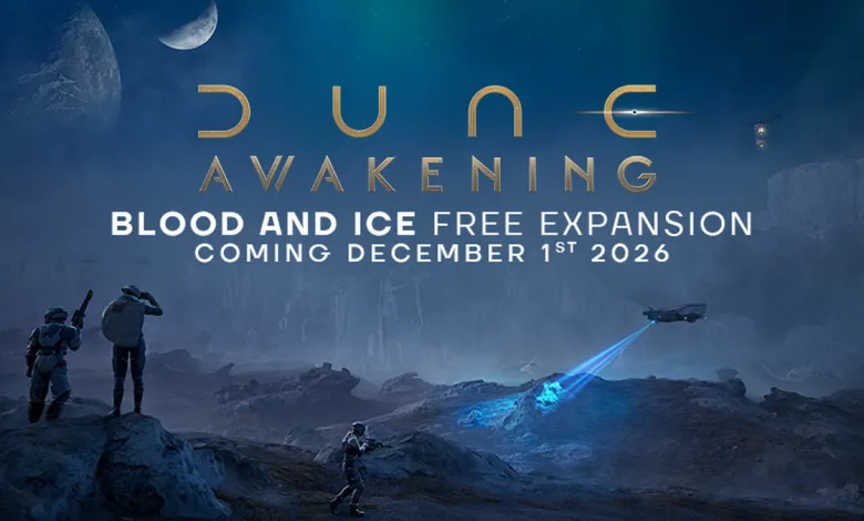 Figures and a drone stand in a blue frozen landscape in Dune: Awakening Blood and Ice expansion artwork.