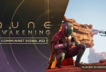 A hooded character sits on a rocky desert ledge beside a hovering vehicle.