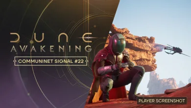 A hooded character sits on a rocky desert ledge beside a hovering vehicle.
