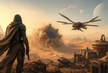 A hooded character overlooks an Arrakis desert as an ornithopter flies above a sandworm and desert outpost.